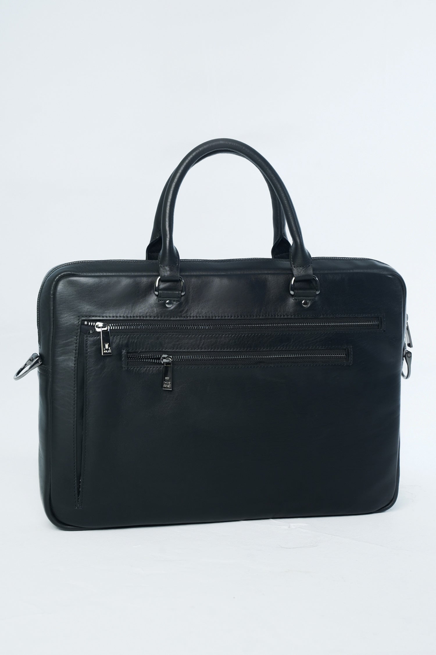 Mens leather laptop bag in black colour with top handle and detachable shoulder strap by JULKE