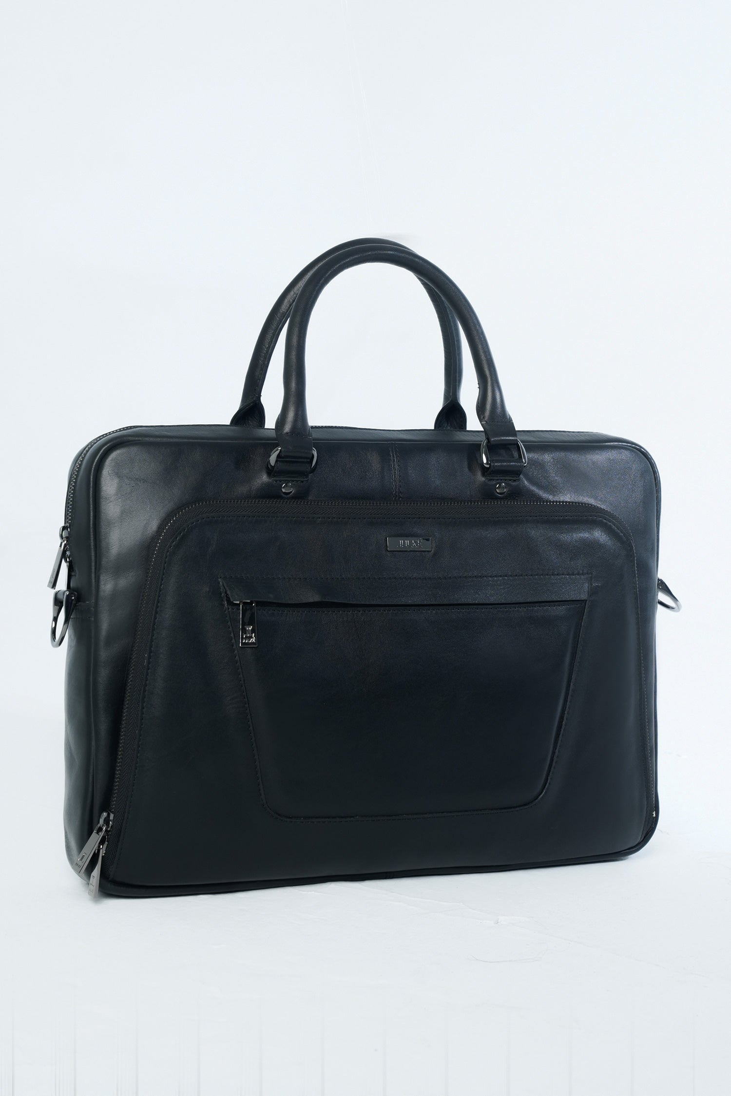 Mens leather laptop bag in black colour with top handle and detachable shoulder strap by JULKE