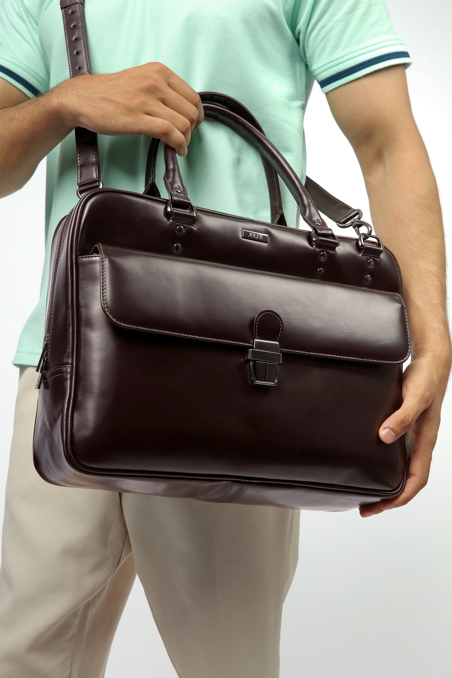 Leather laptop bag in dark maroon colour with glossy finish by JULKE