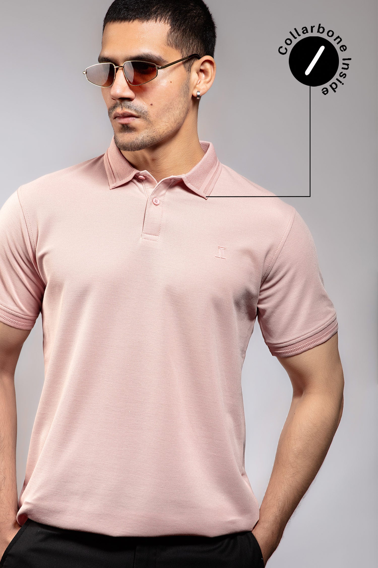 Mens summer polo shirt in light pink colour with matching tipped collar and half sleeves by JULKE.