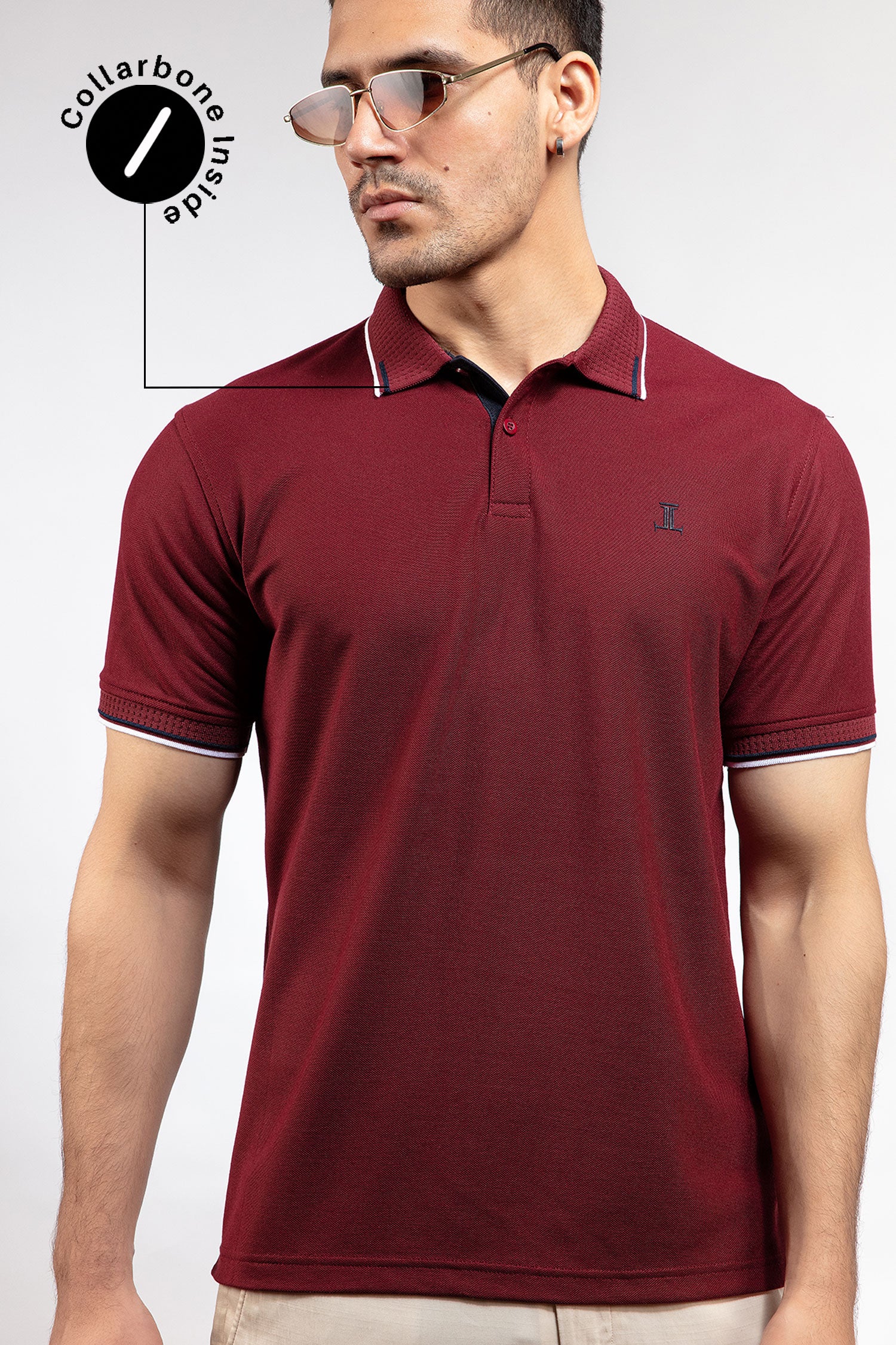 Mens summer polo shirt in burgundy colour with matching white outline tipped collar and half sleeves by JULKE.