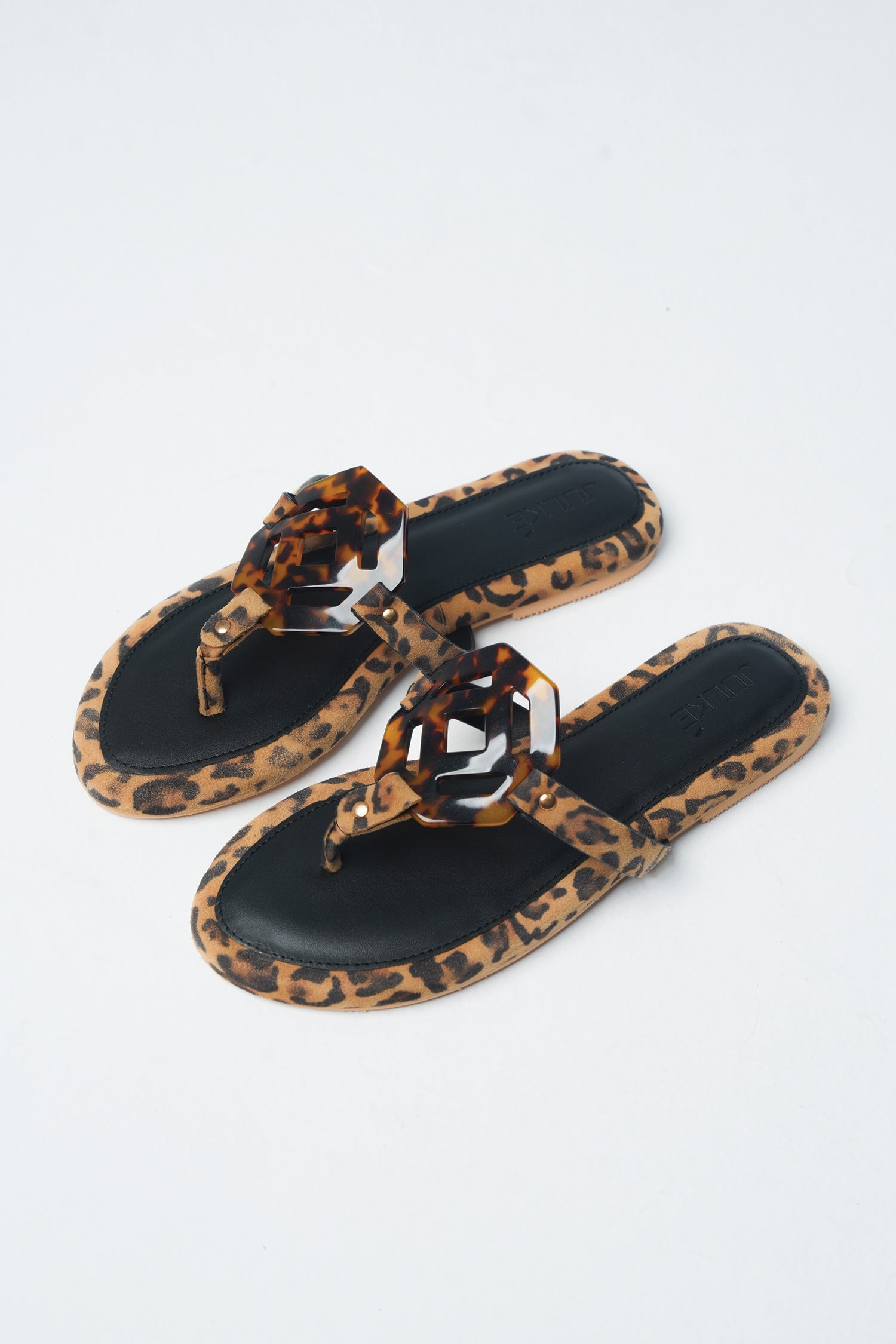 Womens leather flat suede thongs in cheetah print with comfort foam padding and resin buckle by JULKE