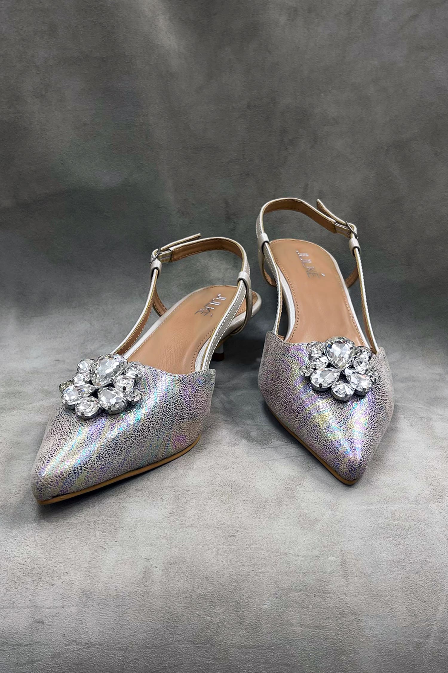 Women's leather sling-back kitten heels in prism multicolor with oval rhinestone brooch by JULKE.