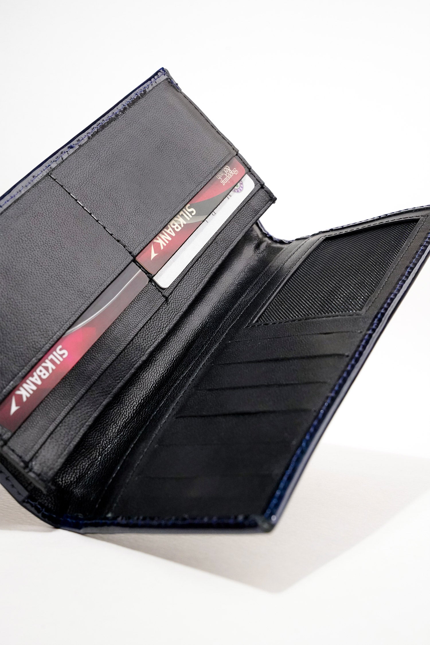 Mens leather long wallet in blue colour with two tone patent and woven flap by JULKE