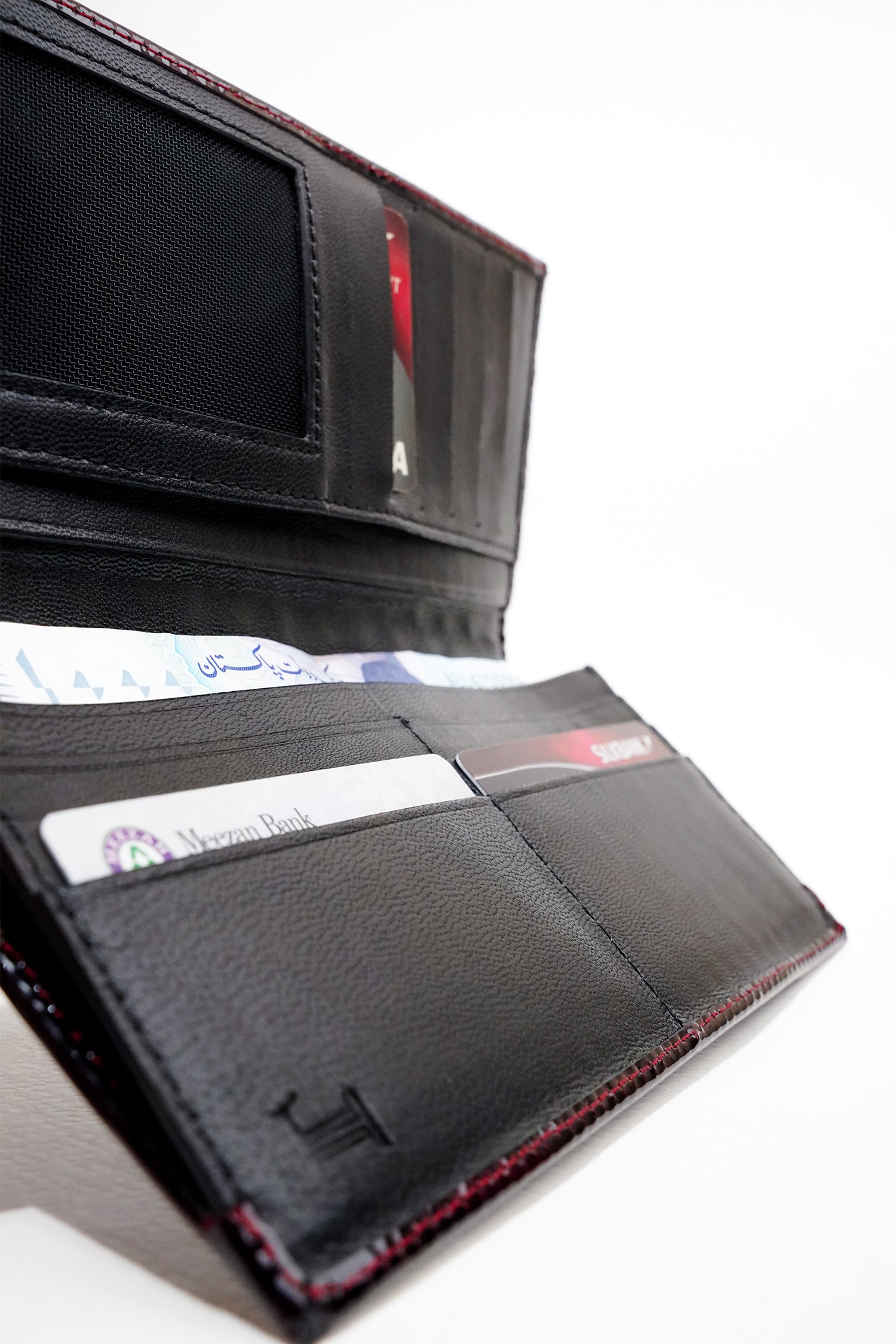 Mens leather long wallet in dark red colour with two tone patent and woven flap by JULKE