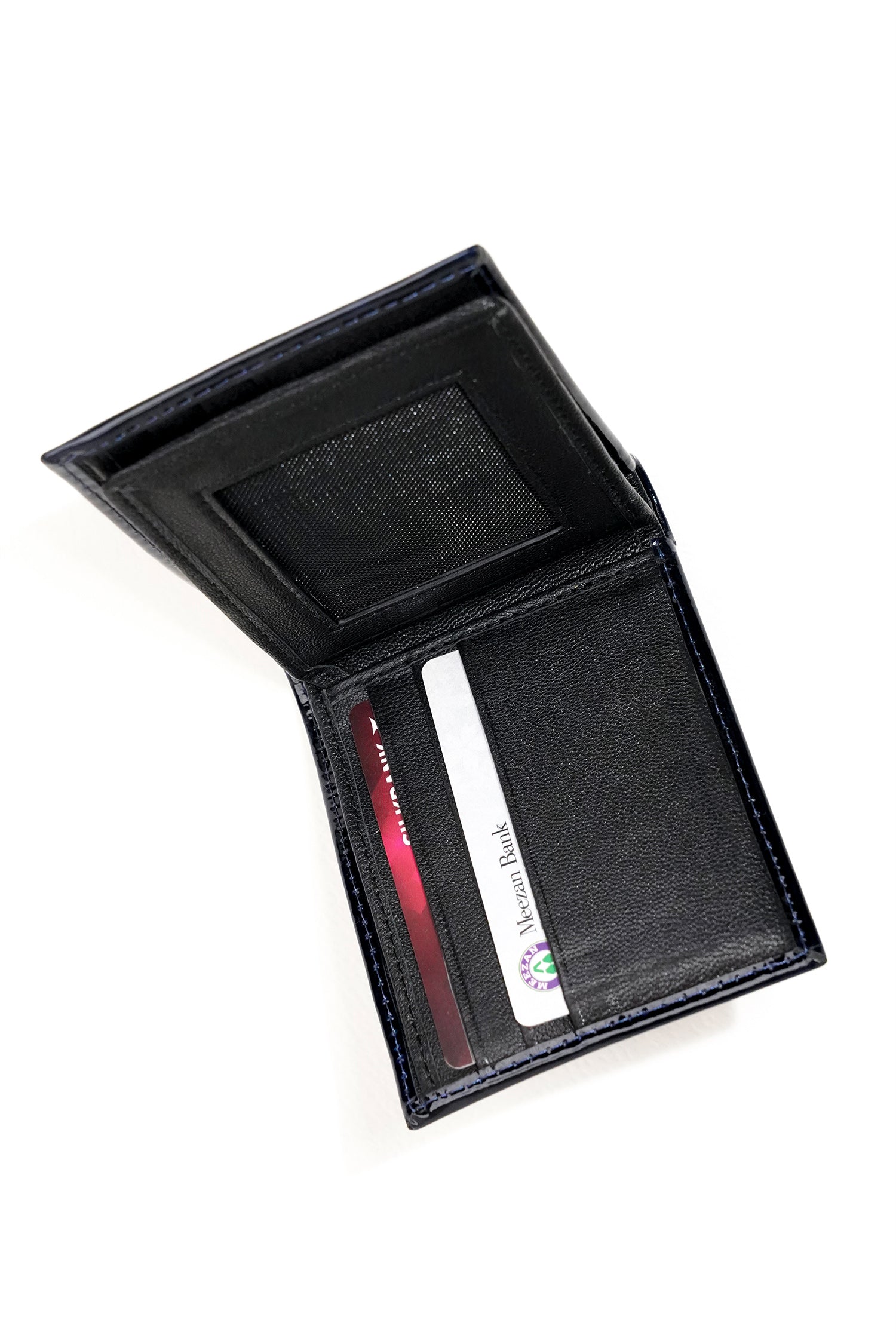 Mens leather wallet in blue colour with two tone patent and woven flap by JULKE