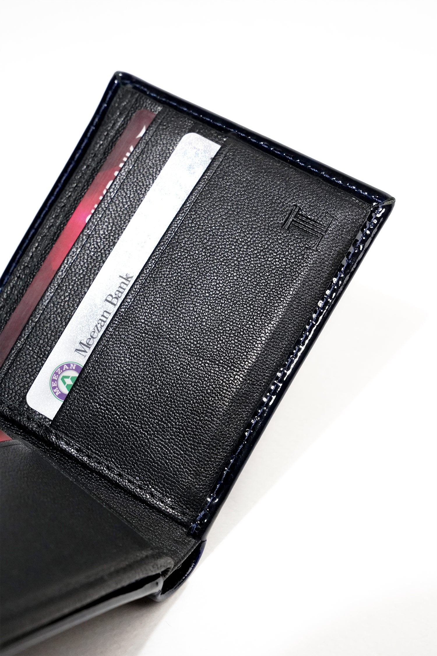 Mens leather wallet in blue colour with two tone patent and woven flap by JULKE