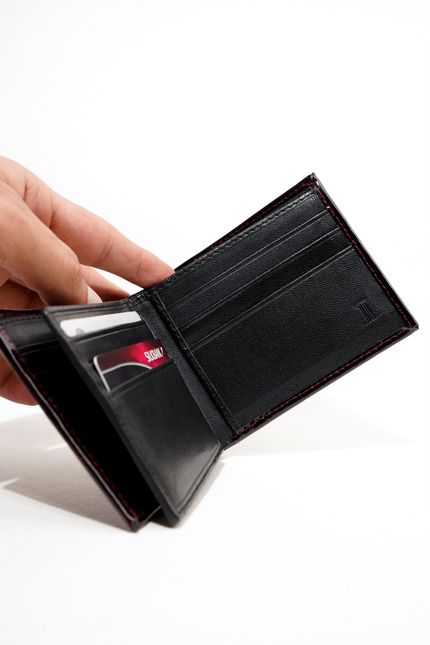 Mens leather wallet in dark red colour with two tone patent and woven flap by JULKE