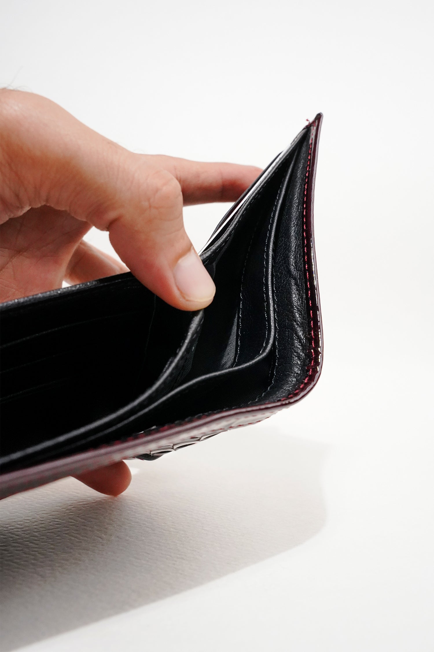 Mens leather wallet in dark red colour with two tone patent and woven flap by JULKE