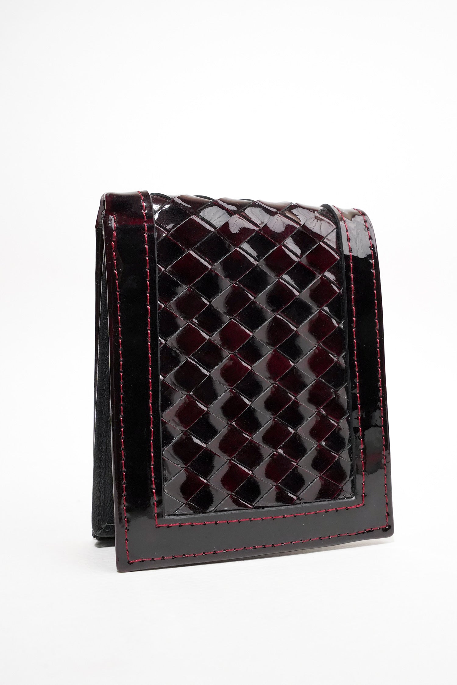 Mens leather wallet in dark red colour with two tone patent and woven flap by JULKE