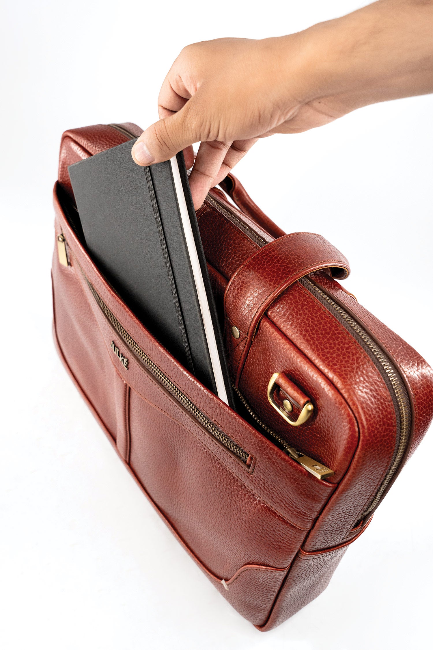 Mens soft leather laptop bag in red brown colour with extra pockets and long handles by JULKE