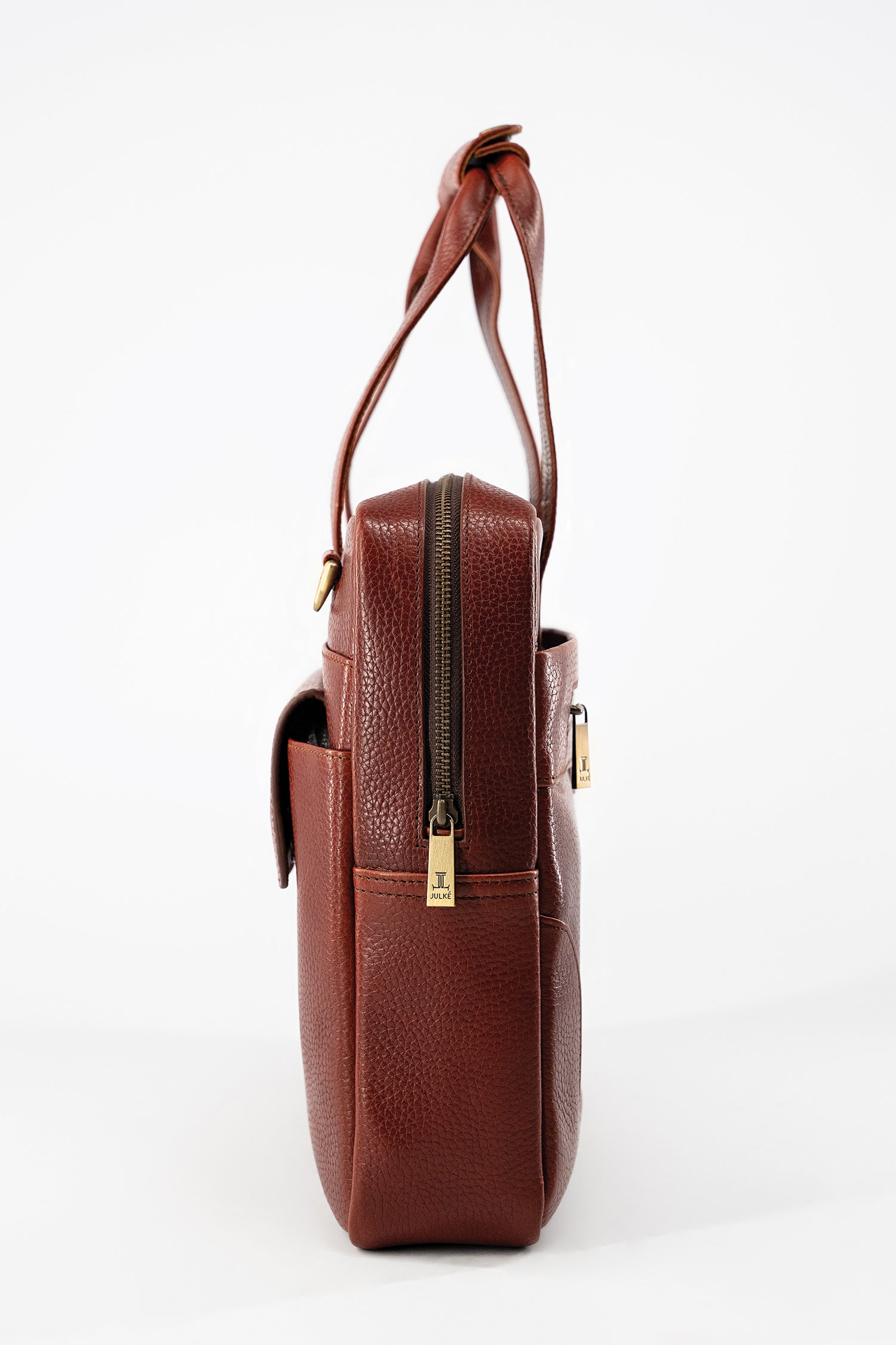 Mens soft leather laptop bag in red brown colour with extra pockets and long handles by JULKE