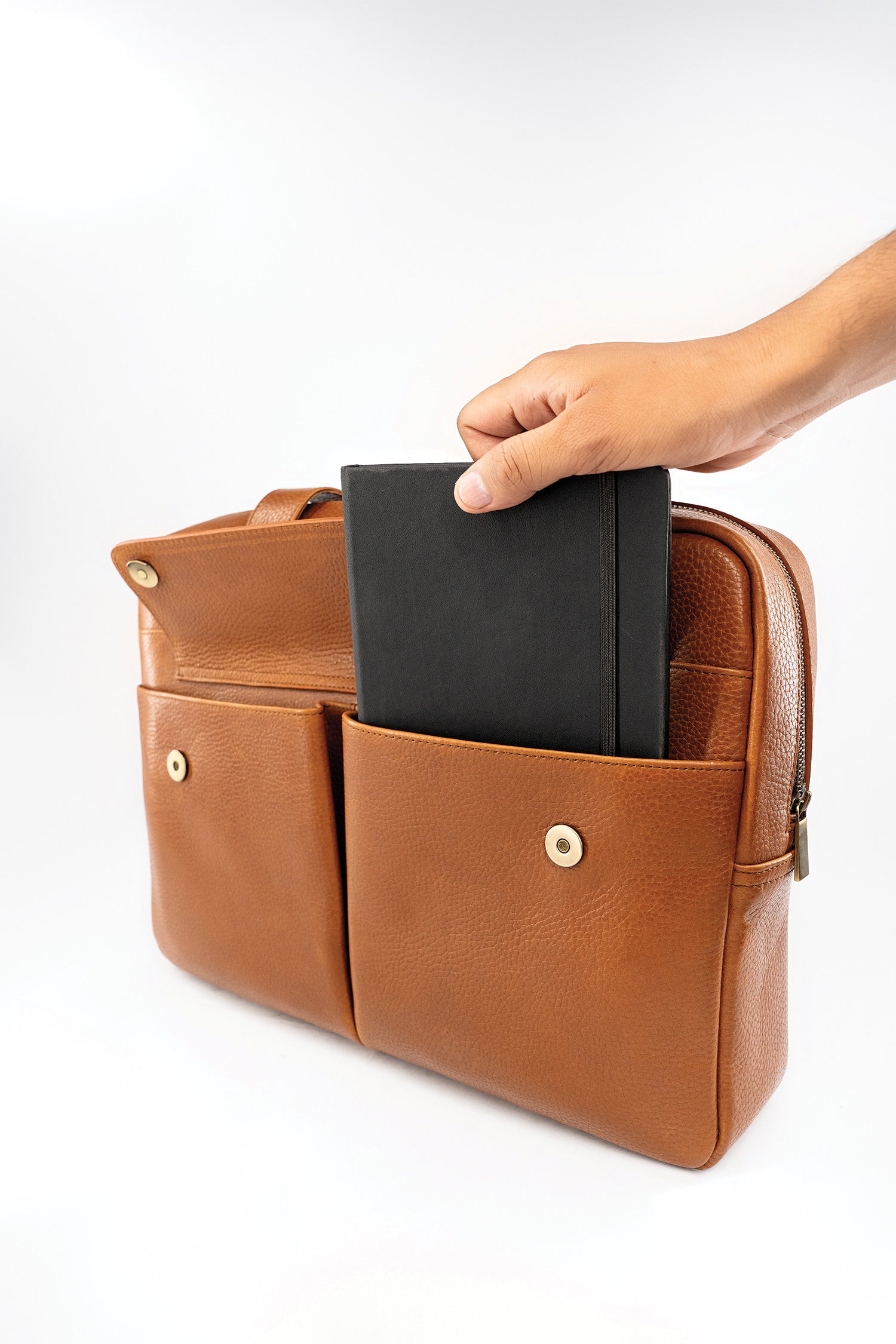 Mens soft leather laptop bag in orange brown colour with extra pockets and long handles by JULKE