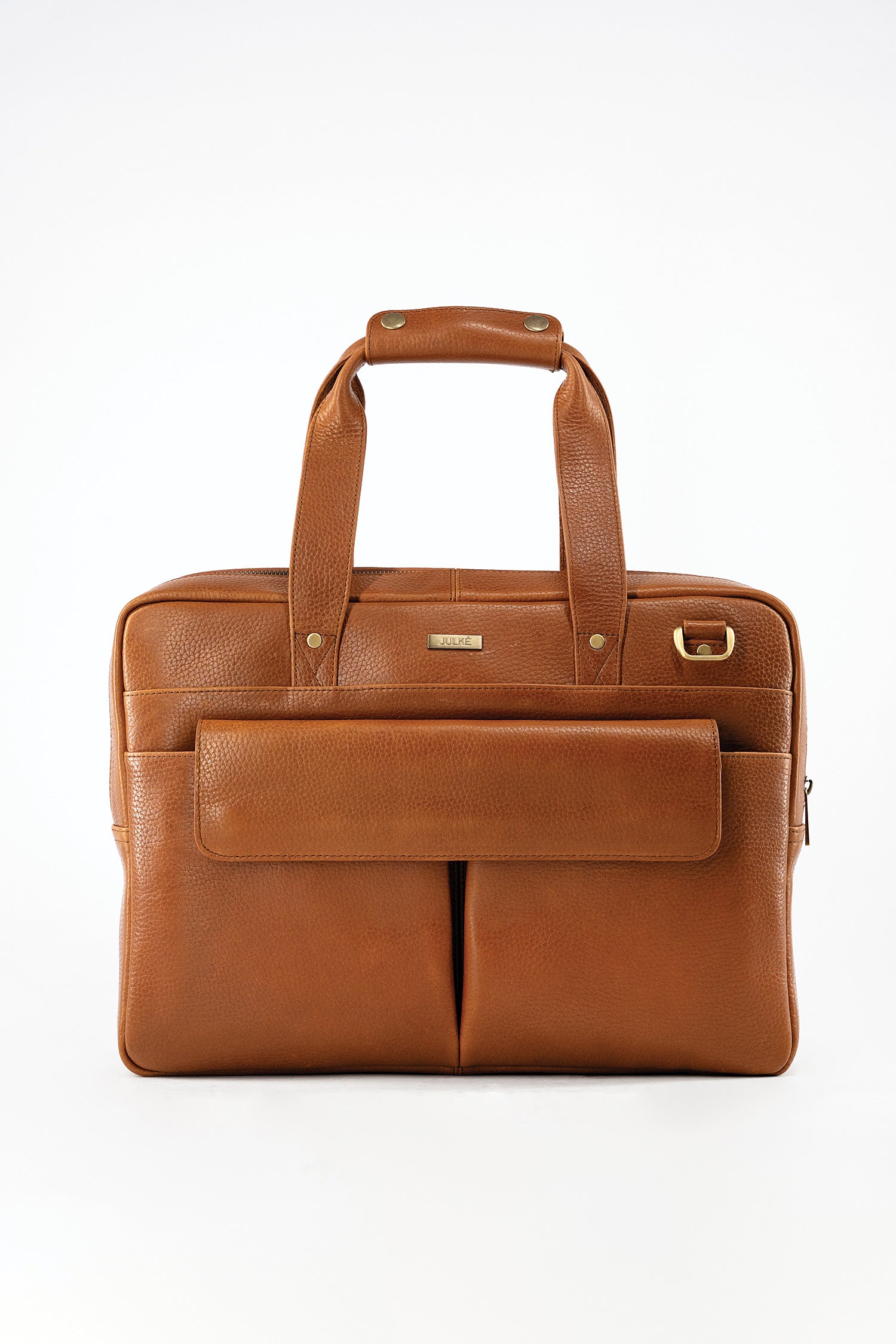 Mens soft leather laptop bag in orange brown colour with extra pockets and long handles by JULKE