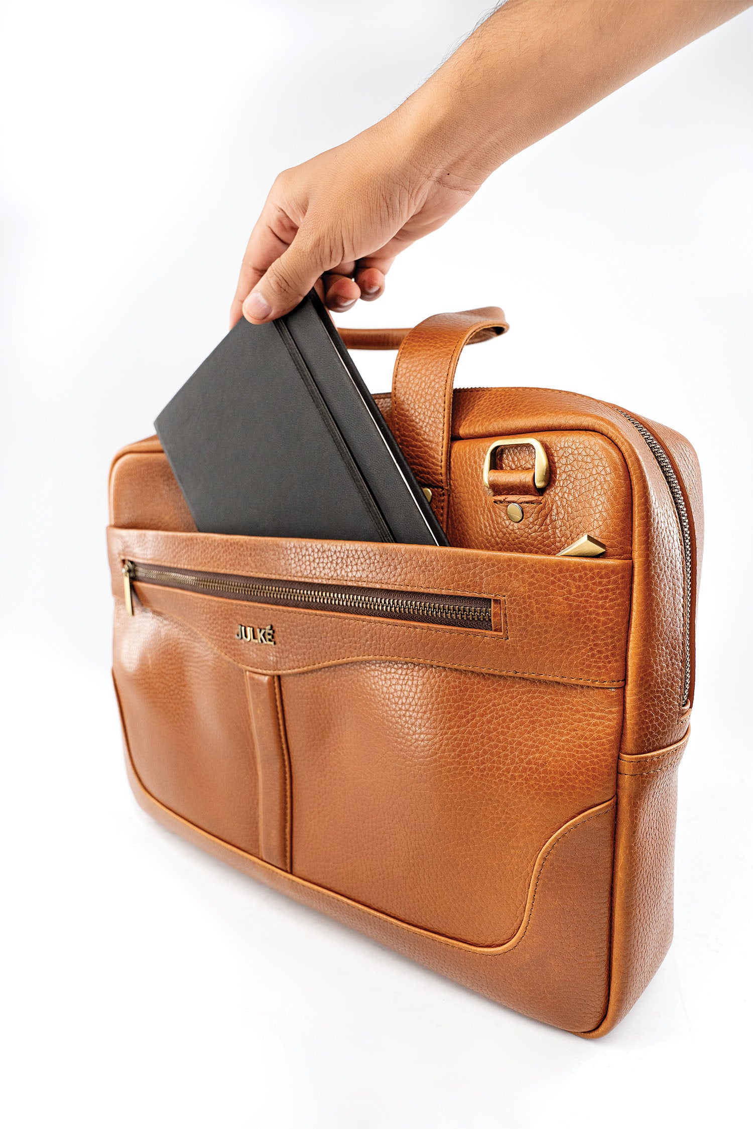 Mens soft leather laptop bag in orange brown colour with extra pockets and long handles by JULKE