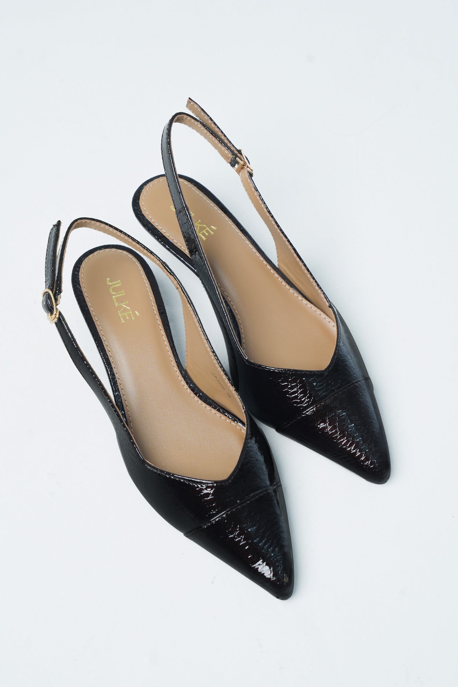 Womens leather kitten heels in dark burgundy colour in reptile texture with slingback and pointed toe by JULKE