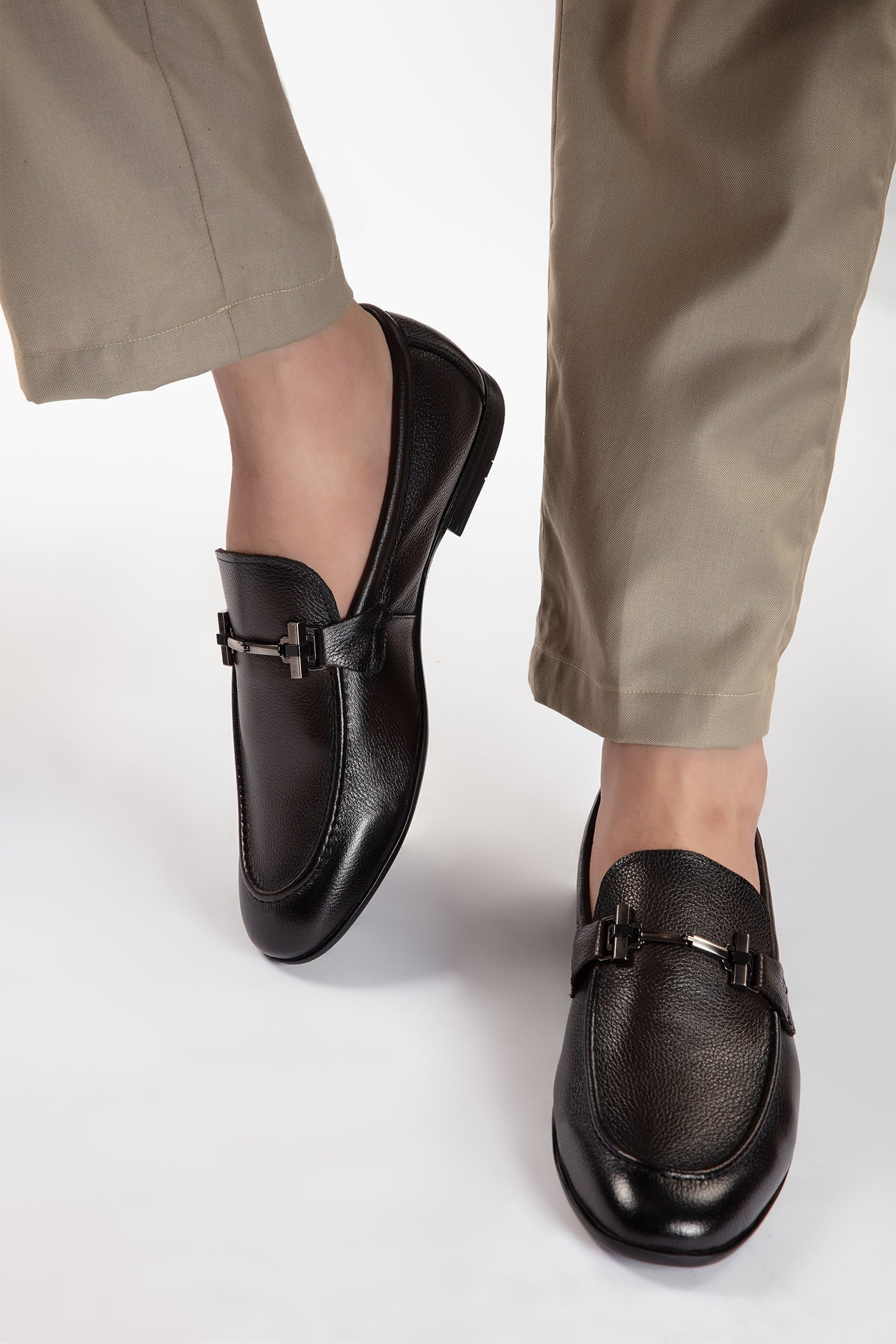 Mens leather round toe slip on shoes in dark brown two tone colour with leather and rubber sole and metal T-bar buckle by JULKE