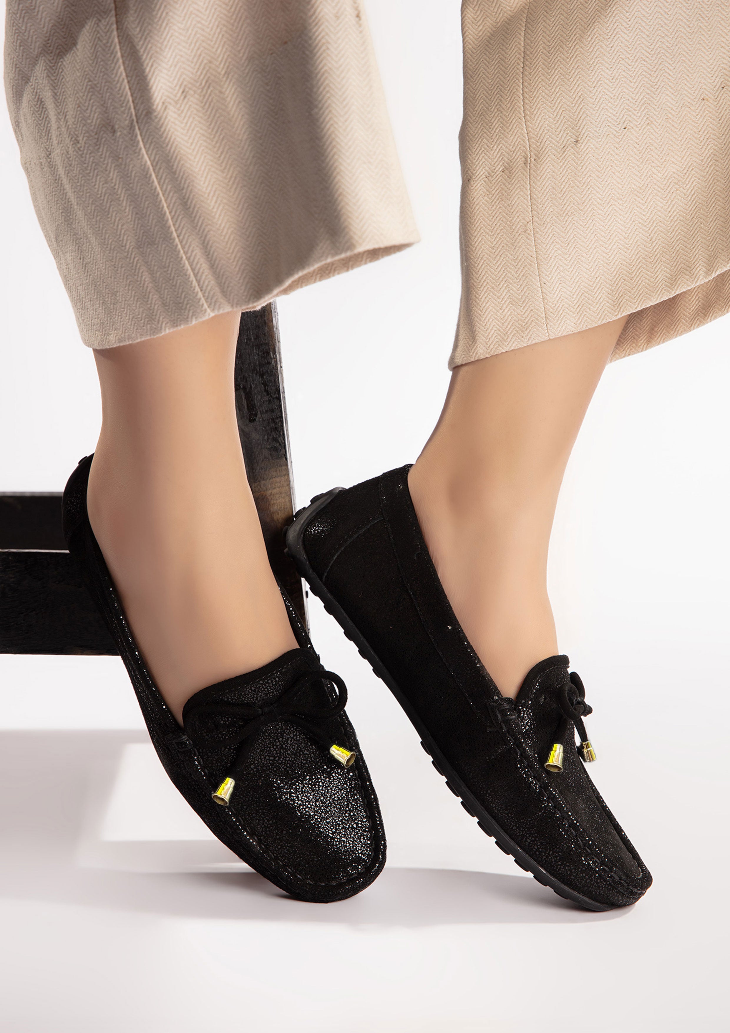 Womens leather moccasins in black colour with bow and glitter by JULKE