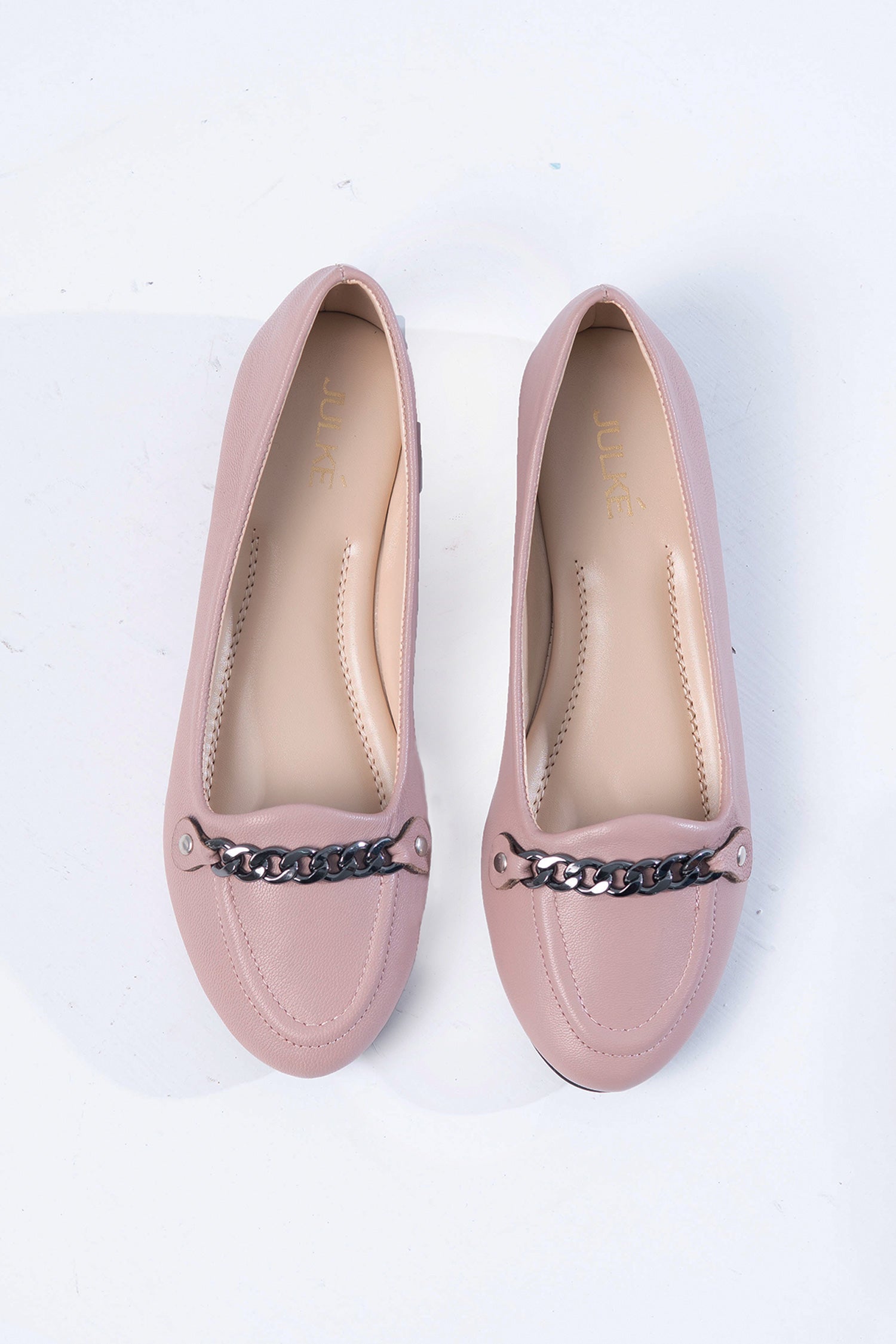 Womens leather flat pumps in pink colour with chain buckle by JULKE