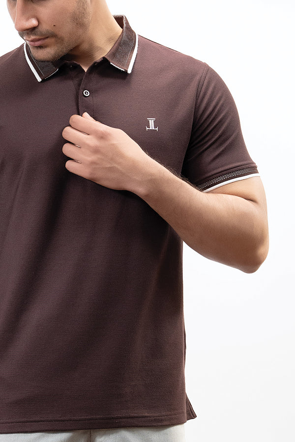 Mens summer polo shirt in dark maroon colour with ribbed collar and sleeves and white contrast tipping by JULKE