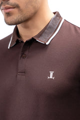 Mens summer polo shirt in dark maroon colour with ribbed collar and sleeves and white contrast tipping by JULKE