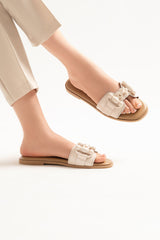 Womens summer leather flats in off white colour in wide fit with plastic chain by JULKE