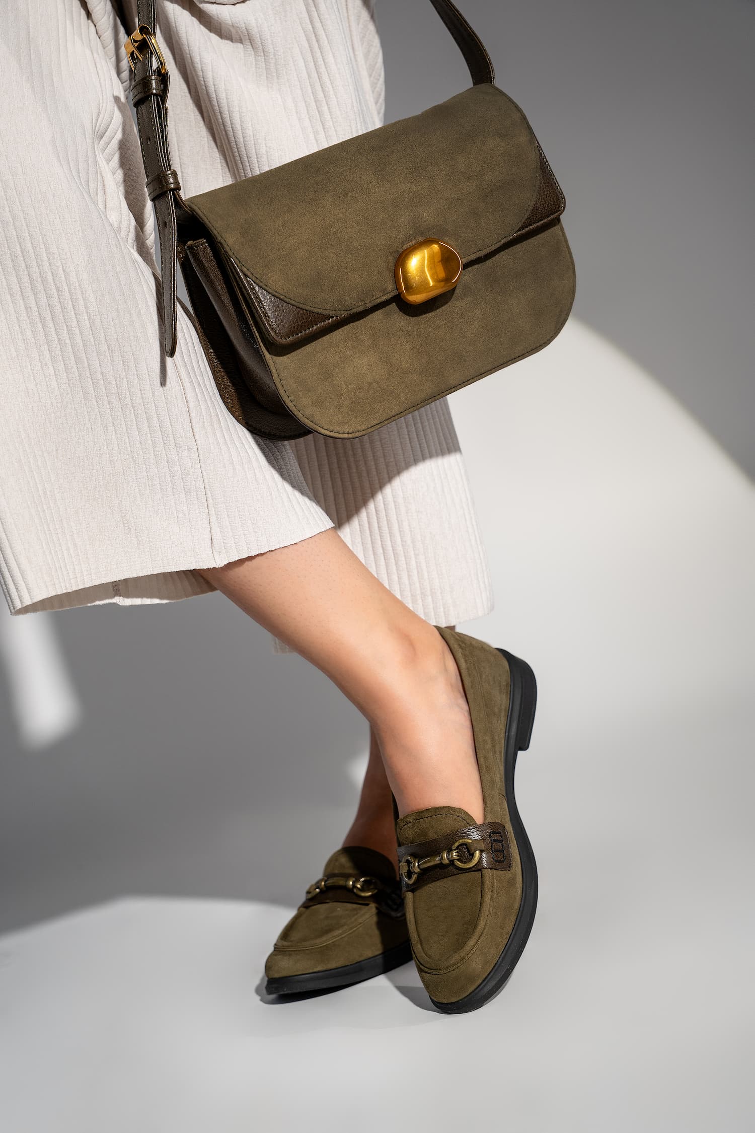 Womens suede leather loafers in olive green colour with block heel and matching suede leather bag by JULKE
