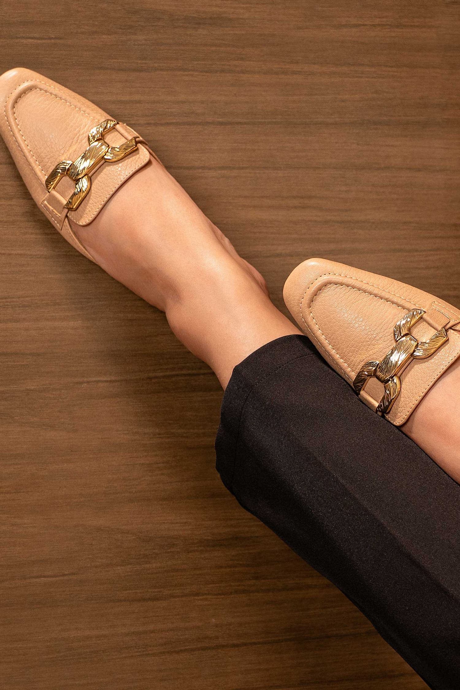 Womens leather block heel mules in beige colour with square toe and large metallic gold D-shape buckle by JULKE.