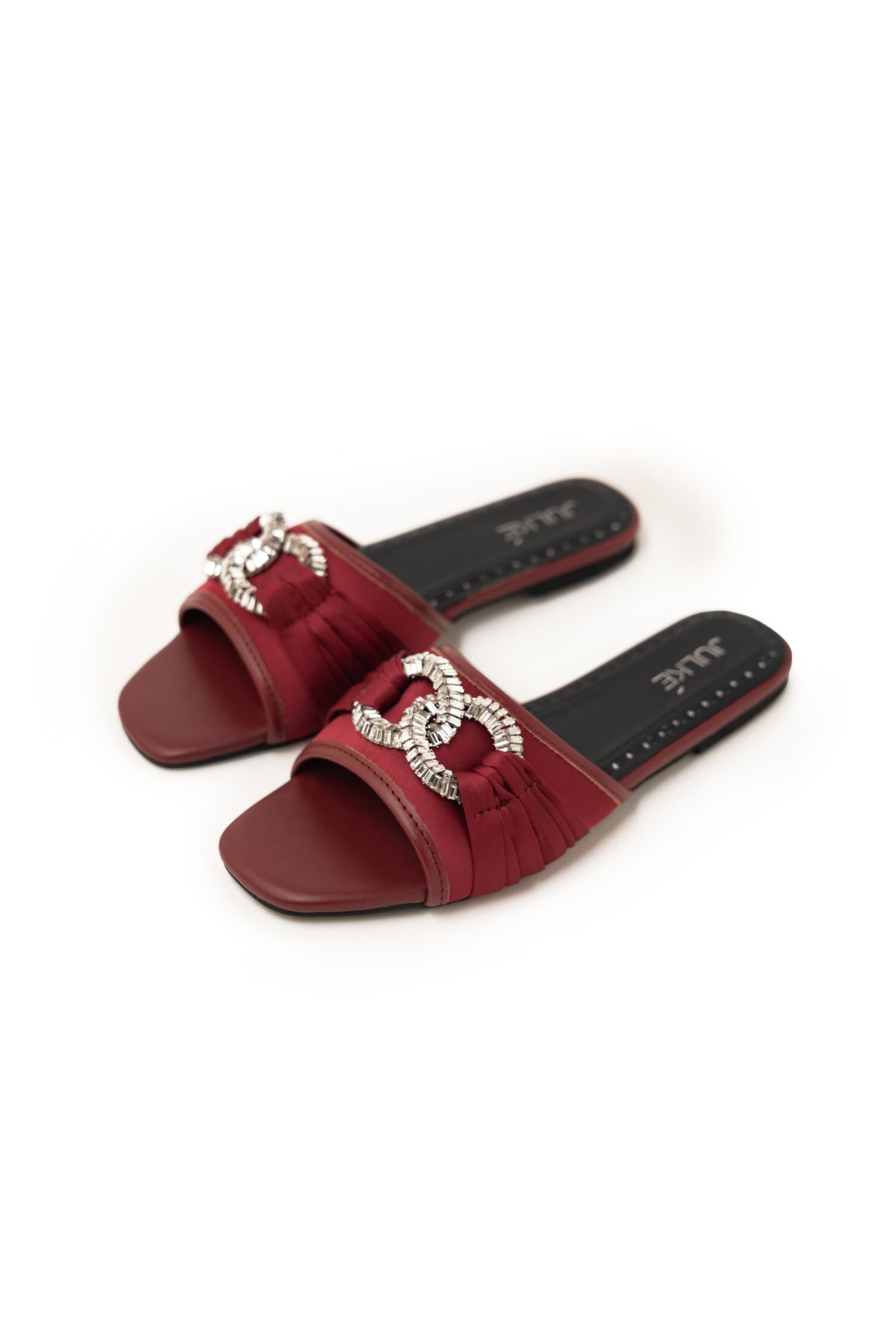 Womens flat shoes in dark red colour with satin straps and silver diamante chain buckle by JULKE.