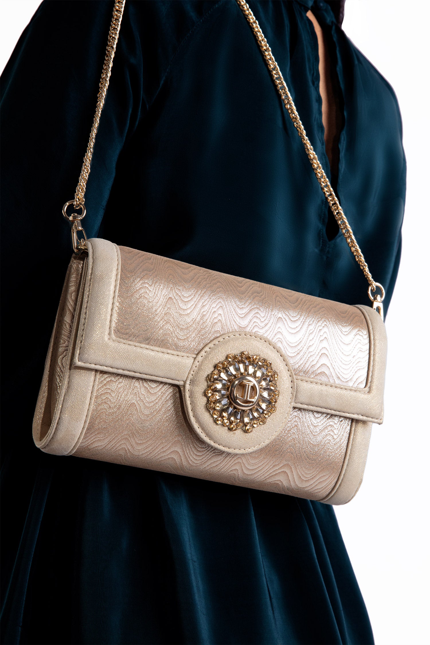 Womens leather shoulder bag and clutch in light gold colour with flower diamante brooch by JULKE