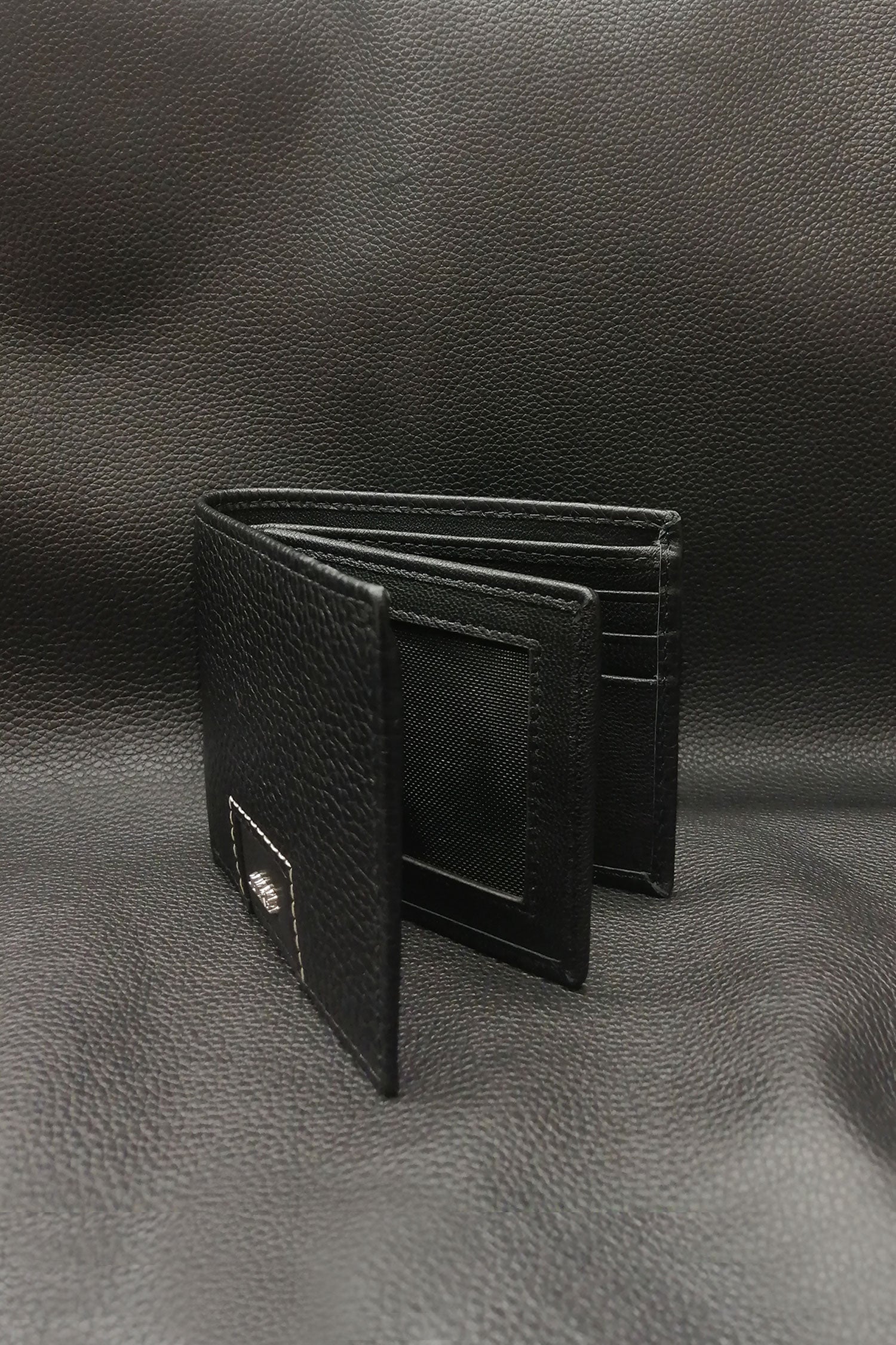 Mens leather bifold wallet in black colour with croc texture and white contrast stitch by JULKE