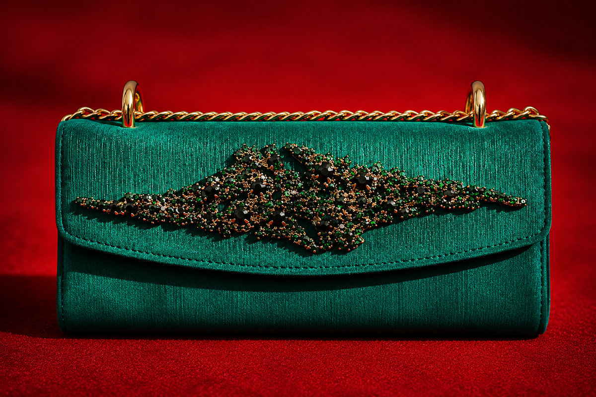 A structured teal green satin clutch bag with a gold chain strap and a large, ornate black beaded mountain motif on the front flap, set against a vibrant red background.