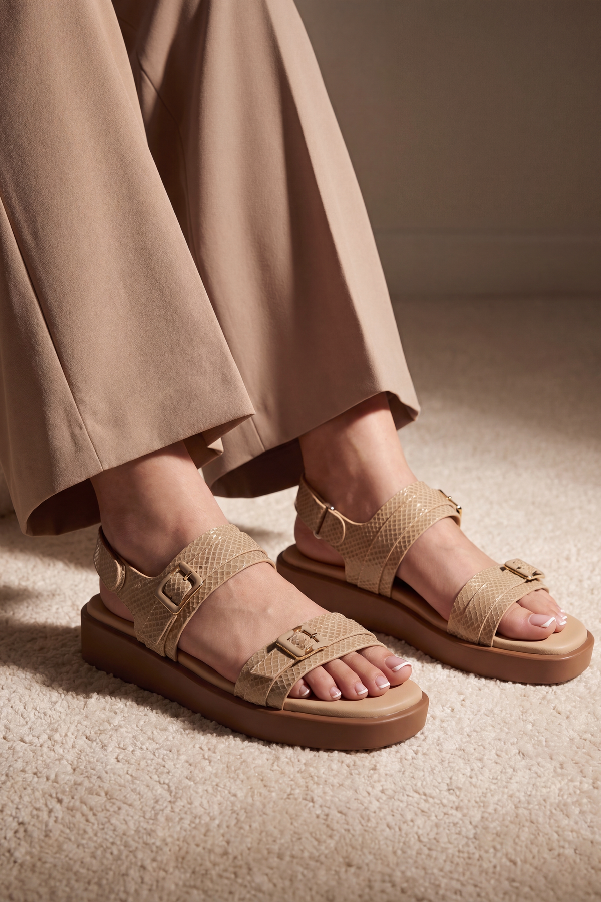 JULKE Alva Coral Python Textured Comfort Slide Sandals Buckle Beige Double Strap