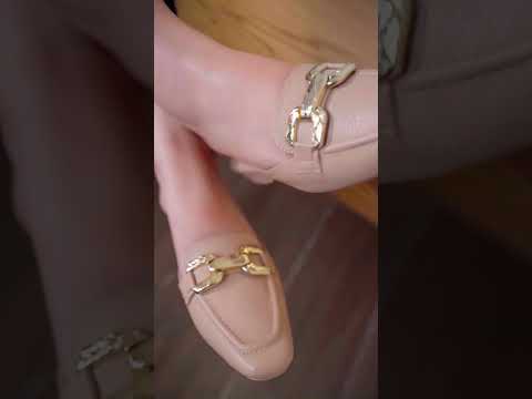 Womens leather block heel mules in dark brown & beige colours with square toe and large metallic gold D-shape buckle by JULKE.