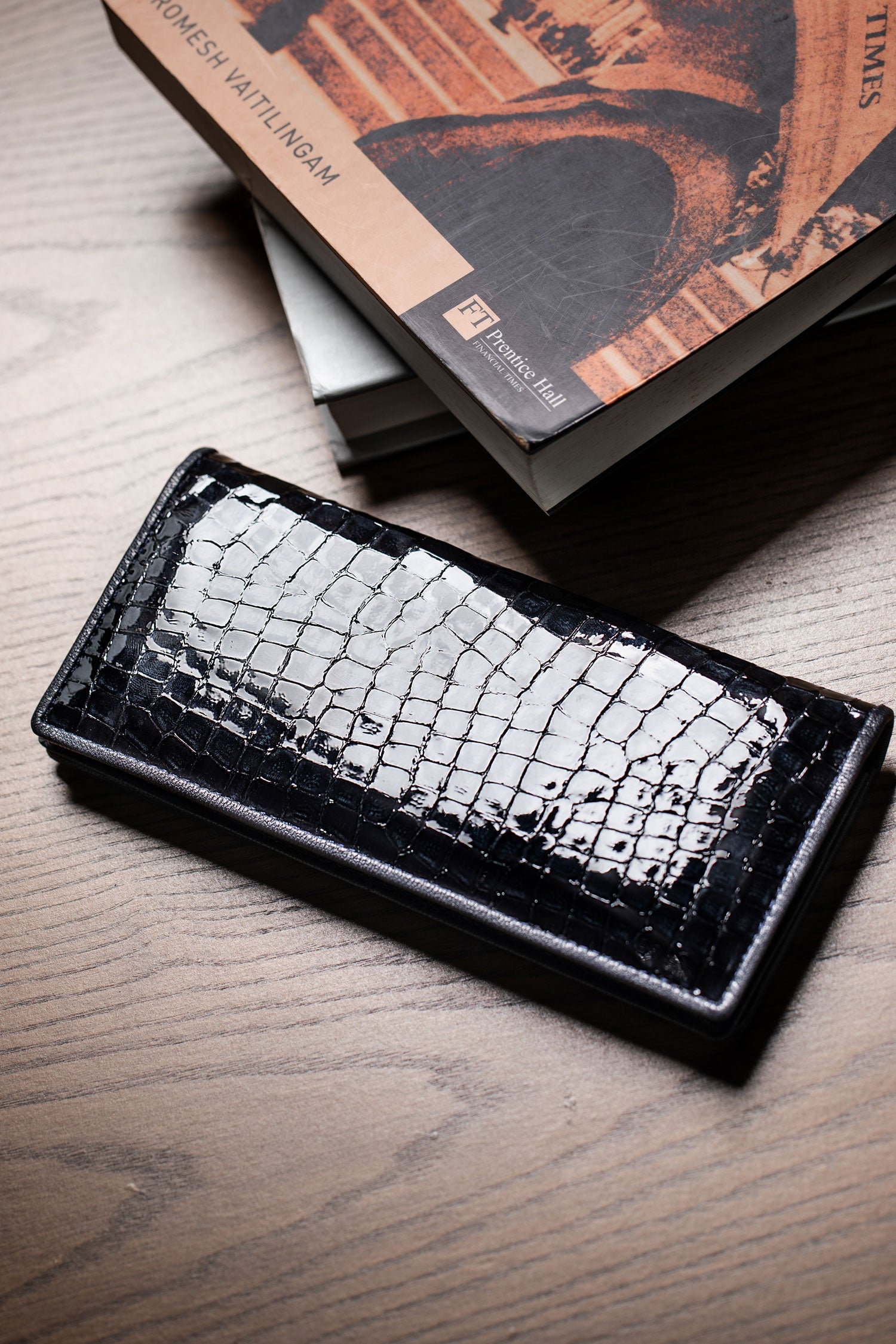 Mens original leather wallet with glossy crocodile texture in black colour by JULKE