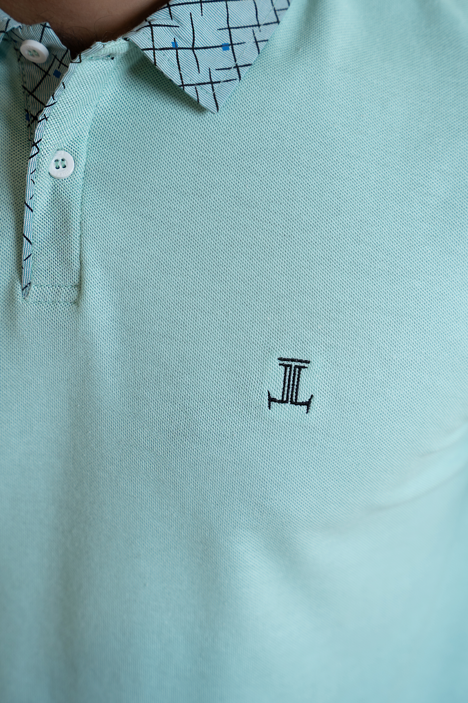 Mens polo shirt in mint green colour with checkered pattern collar by JULKE