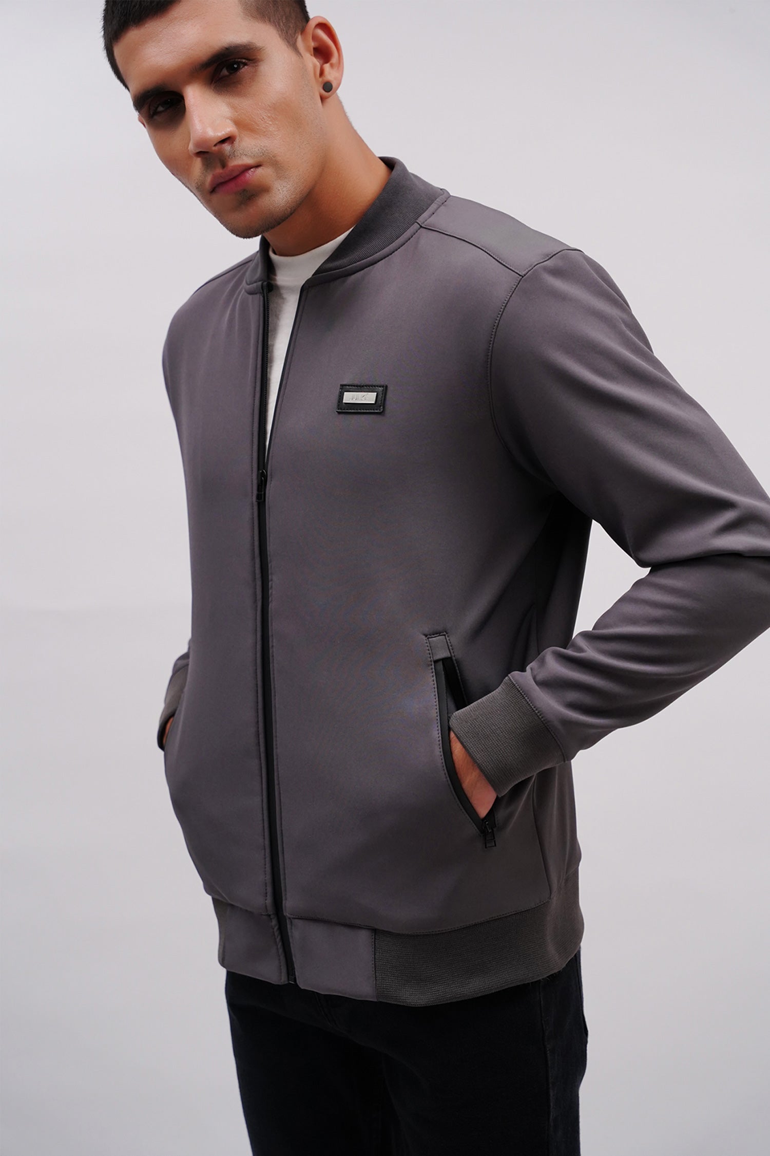 Mens winter bomber jacket in grey with waterproof zip by JULKE