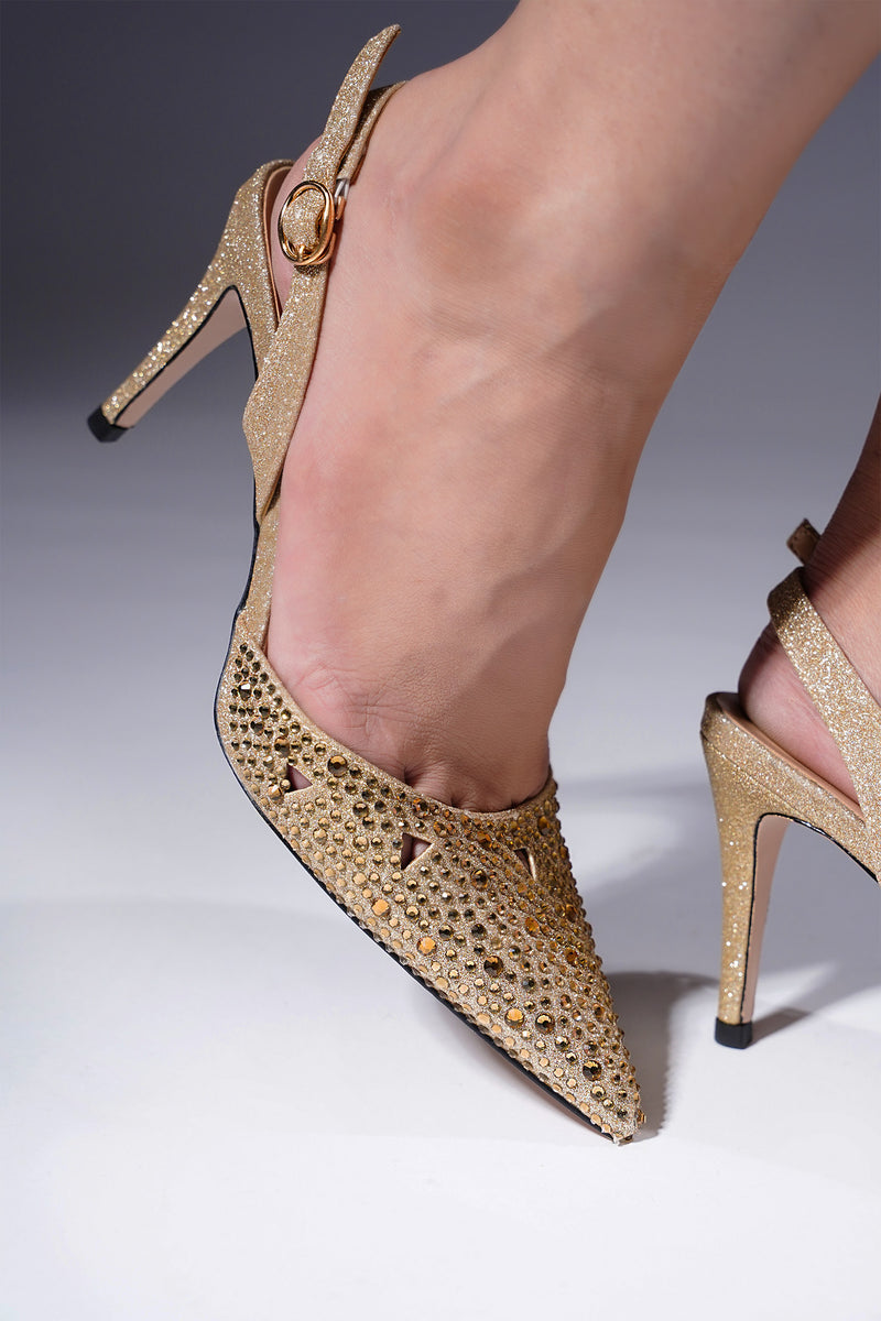 Women slingback heels in gold colour with diamantes by JULKE