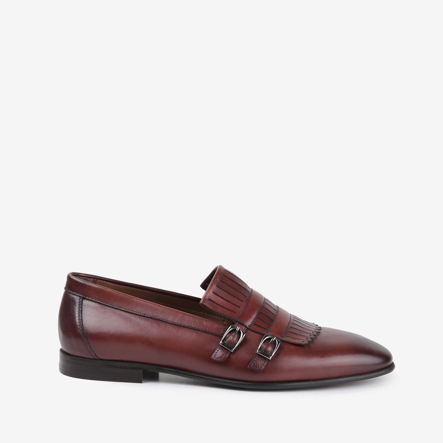 Mens two-tone leather shoes in rust brown colour with double monk strap and laser cut fringe by JULKE.