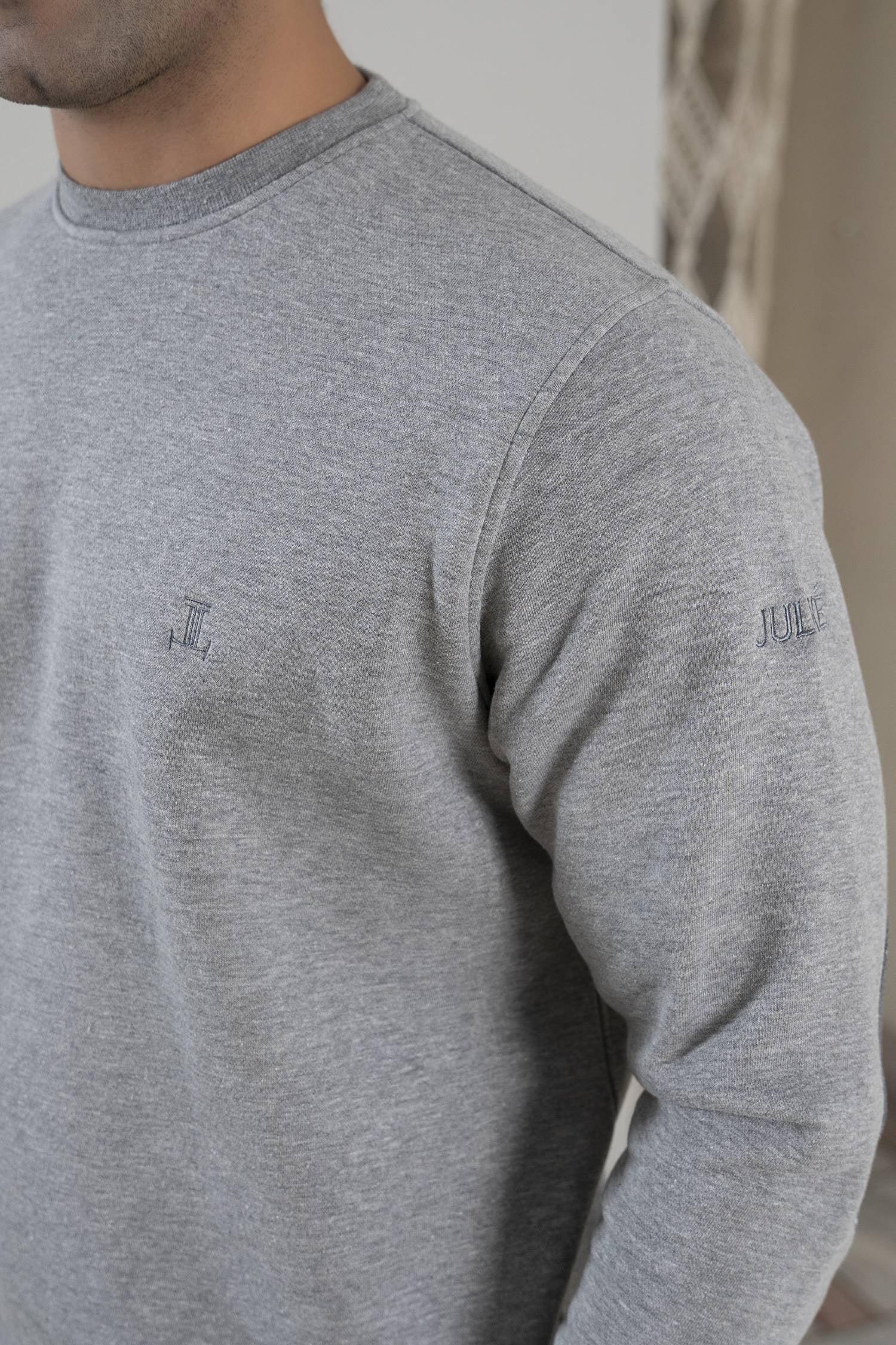 Men's winter sweatshirt in light grey with polka dot elbow patch by JULKE