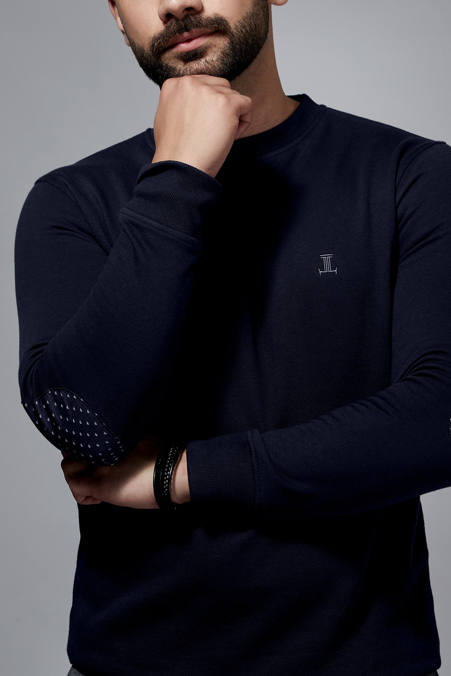 Men's winter sweatshirt in navy blue with polka dot elbow patch by JULKE