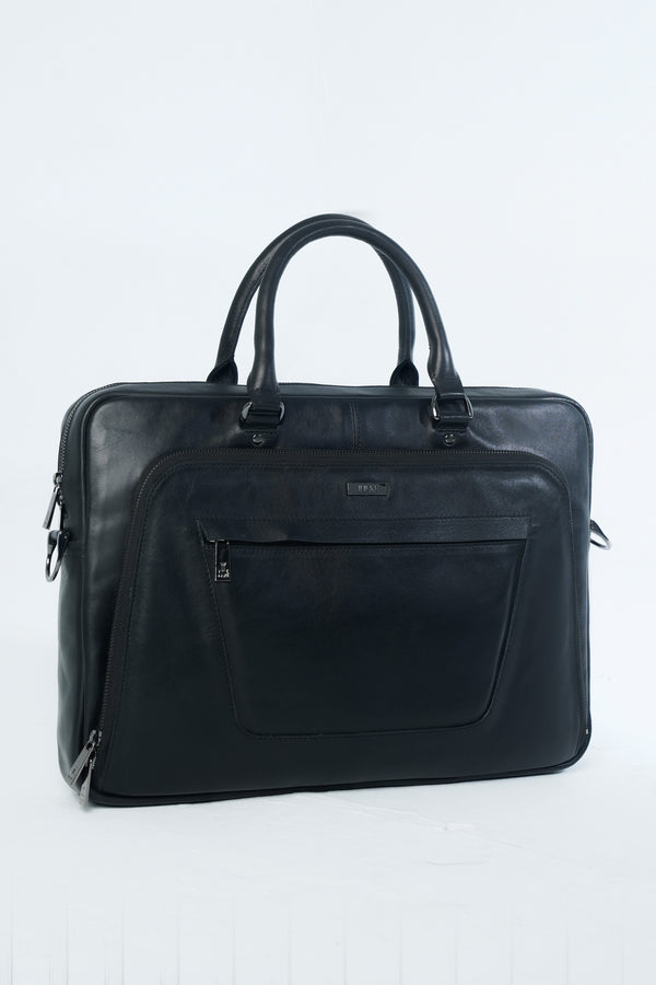 Mens leather laptop bag in black colour with top handle and detachable shoulder strap by JULKE
