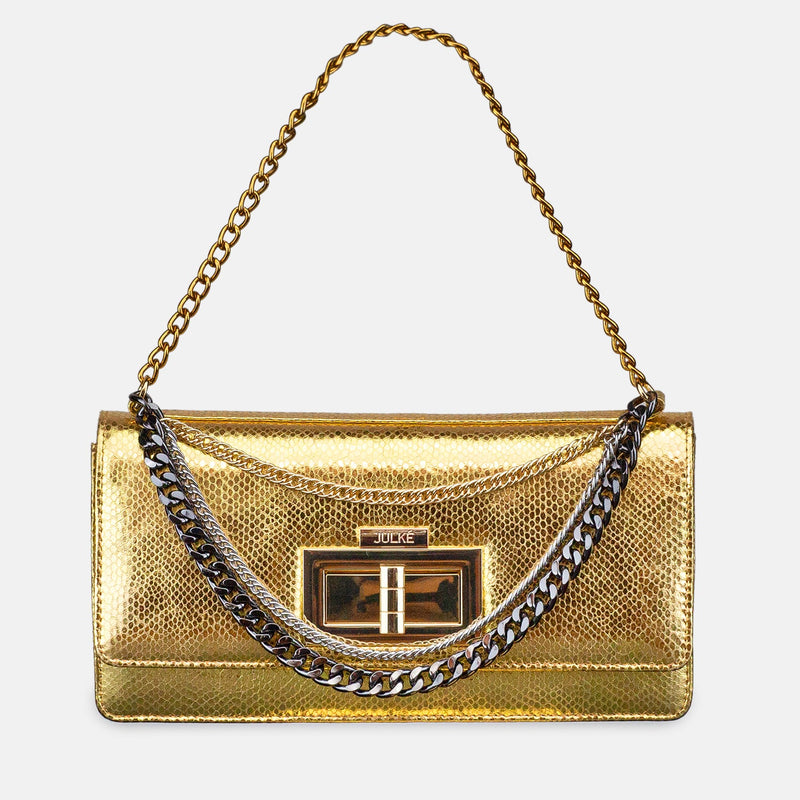 Womens leather shoulder clutch bag in gold with muti chains by JULKE