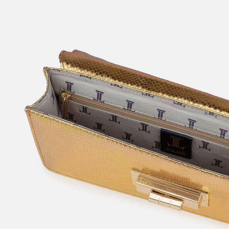 Womens leather shoulder clutch bag in gold with muti chains by JULKE