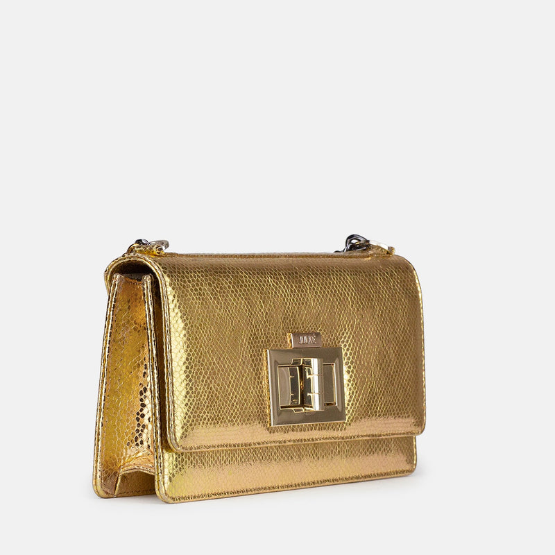 Womens leather shoulder clutch bag in gold with muti chains by JULKE