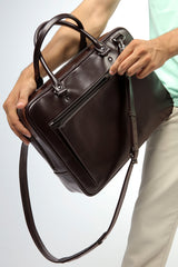 Leather laptop bag in dark maroon colour  with glossy finish by JULKE