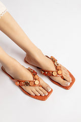 Women summer leather flats in orange colour with diamantes and croc texture by JULKE