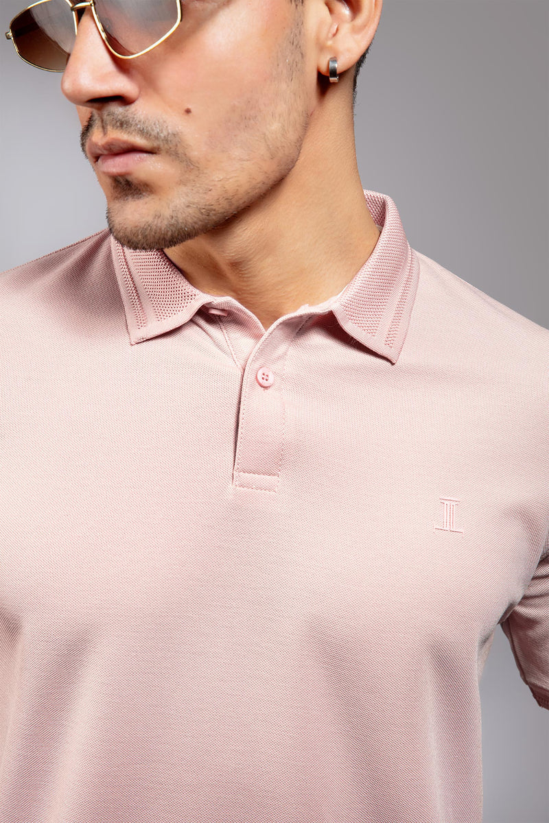 Mens summer polo shirt in light pink colour with matching tipped collar and half sleeves by JULKE.