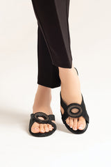 Womens leather block  heels in black colour with 3D texture and diamante buckle by JULKE