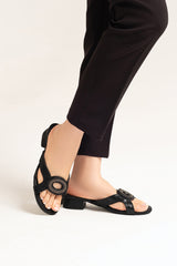 Womens leather block  heels in black colour with 3D texture and diamante buckle by JULKE